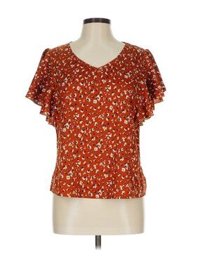 SHEIN Rust Floral Ruffle V-Neck Blouse